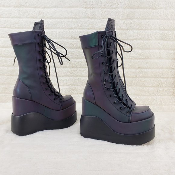 Void Purple Green Reflective Platform Wedge Mid Calf Goth Festival Boots NEW - Picture 11 of 17